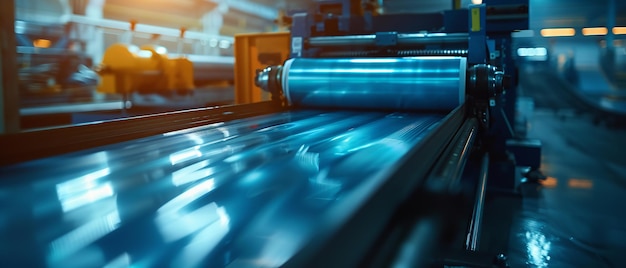 A very close shot of a machine for plastic production with blue and white plastic bags are showing in backdrop with a big space for text or background Generative AI