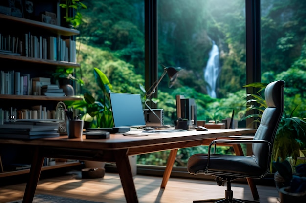 A very cozy home office with a desk and bookshelves green plants Harmony in work