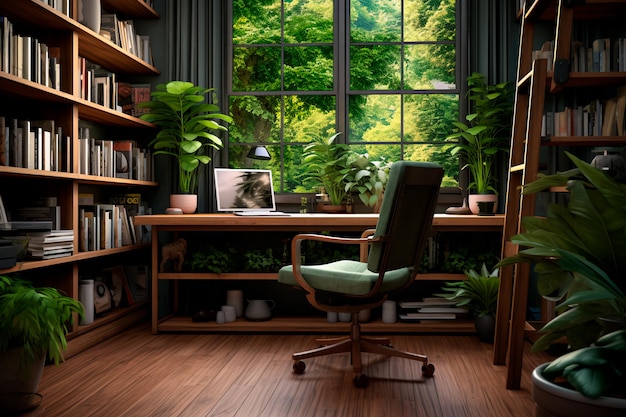 A very cozy home office with a desk and bookshelves green plants Harmony in work