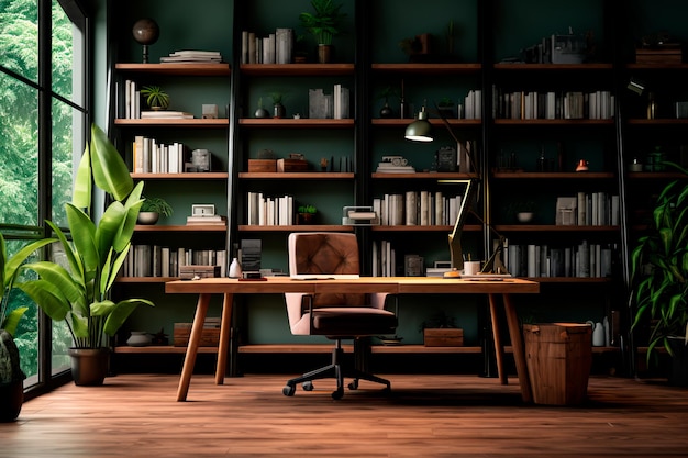 A very cozy home office with a desk and bookshelves green plants Harmony in work