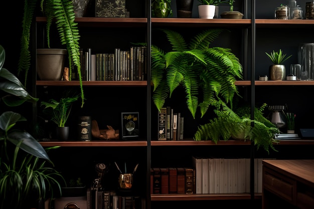 A very cozy home office with a desk and bookshelves green plants Harmony in work