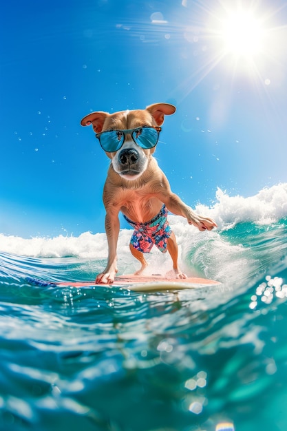 a very cute dog wearing floral shorts and sunglasses standing on a surfboard riding a wave