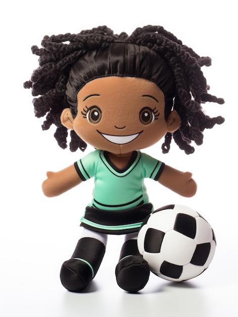 A very cute plush black girl playing soccer