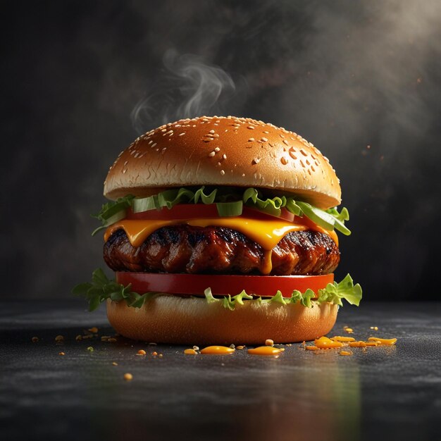 Very delicious cheese burger on dark background generative ai