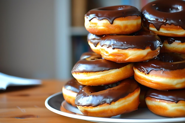 Very delicious chocolate donuts on a plate