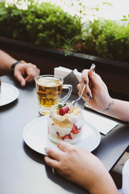 Very delicious dessert in jars, sweet and cakes in jars