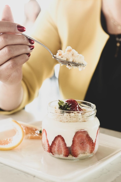 Very delicious dessert in jars, sweet and cakes in jars