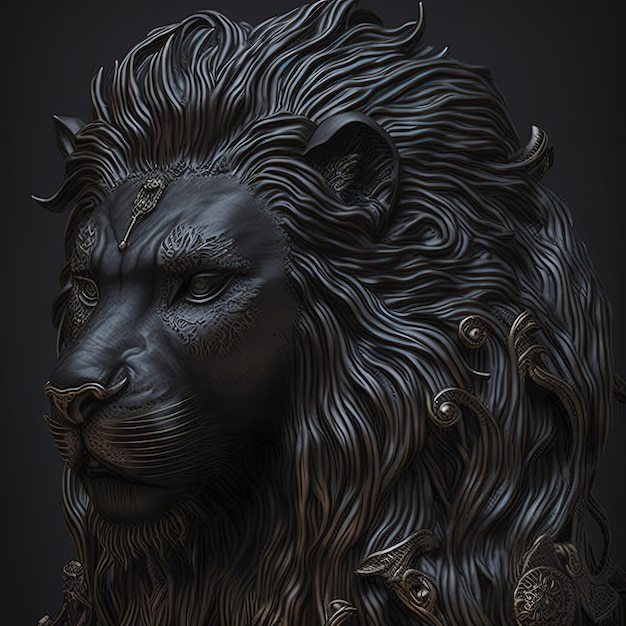 A very detailed black sculpture of the Leo zodiac ign