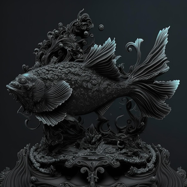 A very detailed black sculpture of the Pisces zodiac sign