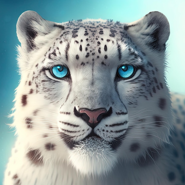 Very detailed close up of a majestic snow leopard with beautiful fur and blue eyes