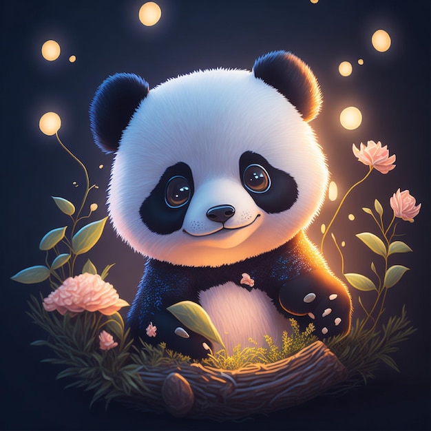 very detailed cute panda animal cinematic lighting effect with black background