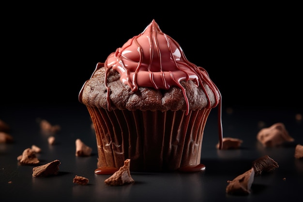 A very detailed photo of delicious chocolate pancakes topped with strawberry cream a dark background