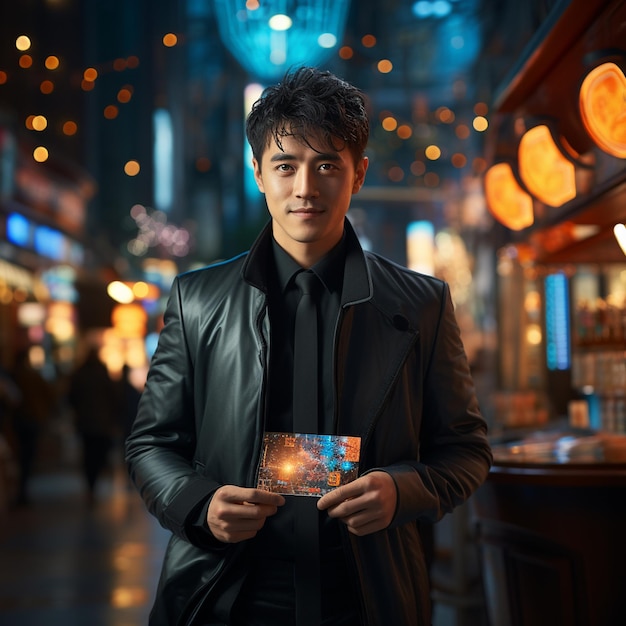 very elegant japanese business man with card in hand and lights background