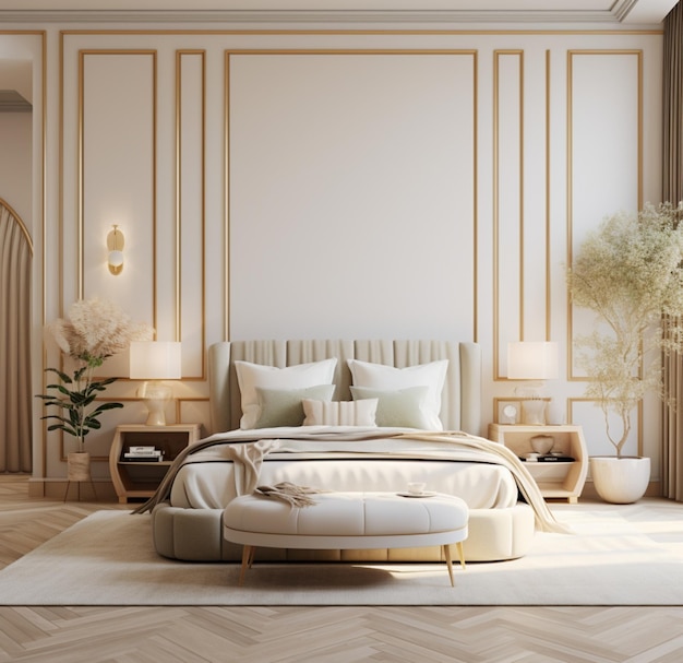 a very fancy bedroom decorated in gold and white