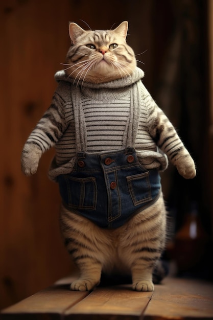 A very fat cute cat in a sweater stands on its hind legs