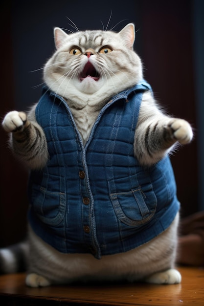 A very fat cute cat in a sweater stands on its hind legs