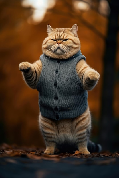 A very fat cute cat in a sweater stands on its hind legs