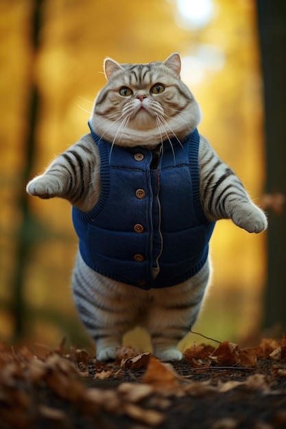 A very fat cute cat in a sweater stands on its hind legs