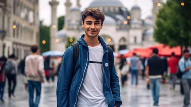 A very handsome and smiling Turkish Muslim teenage boy stands in front of the mosque