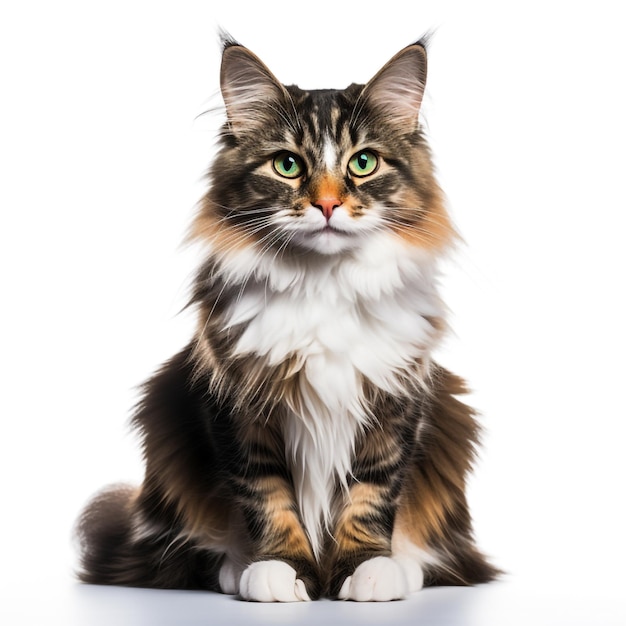 Very handsome young bicolor ticked Maine Coon cat sitting straight Looking annoyed to camera