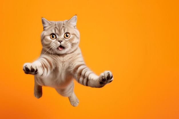 Very Happy British Shorthair Cat In Jumping In Flight On Orange Background