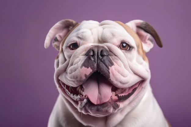 Very Happy Cheerful Dog Bulldog On Light Purple Background Generative AI