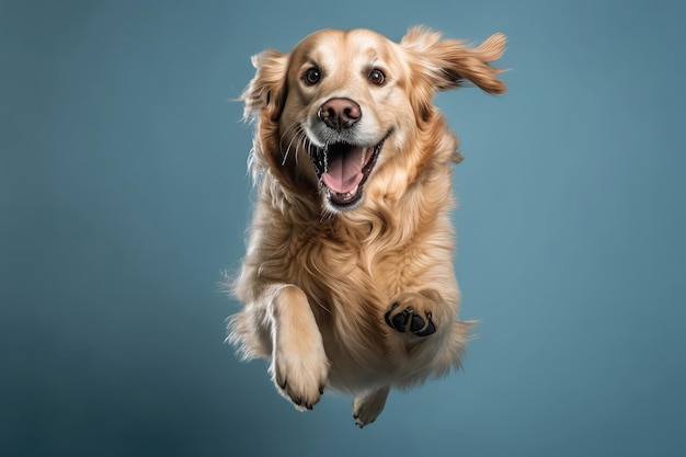 Very Happy Cheerful Dog Golden Retriever In Jumping In Flight On Light Blue Background Full Body Wide Angle Generative AI