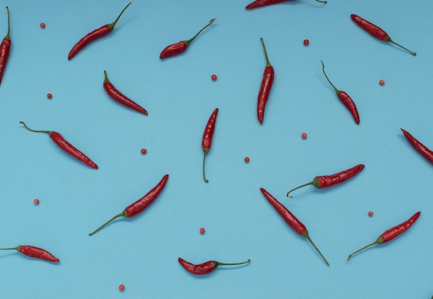 Very Hot Chili Peppers on Blue Paper Background