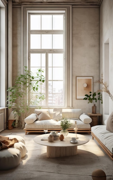 Very light and bright interior of cozy living room with chic soft beige furniture huge window