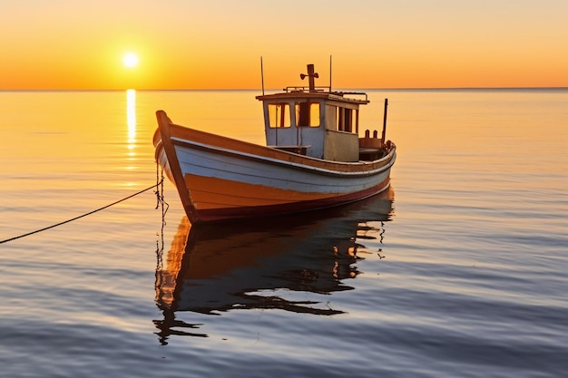 Very low angle photo of the calm serene smooth Mediterranean sea water and boat AI generative