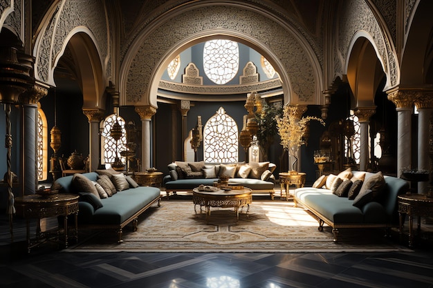 Very luxurious room and large with walls decorated with moroccan mosaic Room in traditional islamic