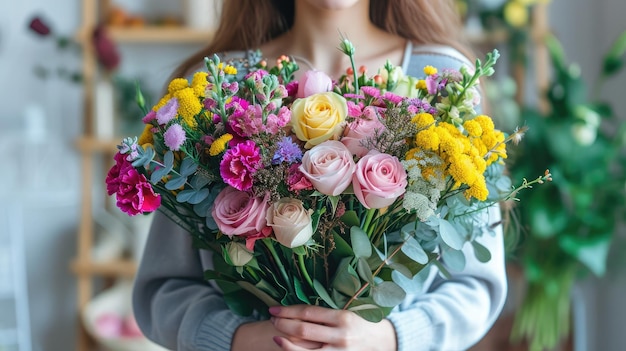 Very nice young woman holding big and beautiful bouquet of fresh roses carnations genista eucalyptus flowers in yellow pink and purple colors cropped photo bouquet close up