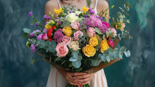 Very nice young woman holding big and beautiful bouquet of fresh roses carnations genista eucalyptus flowers in yellow pink and purple colors cropped photo bouquet close up