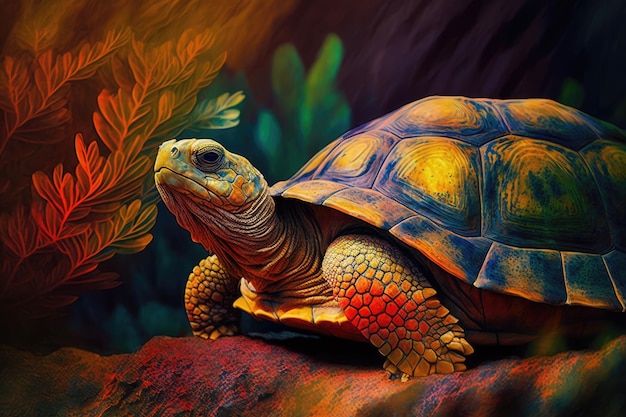 Very old turtle basking in the warm sun its shell a canvas of vibrant colors