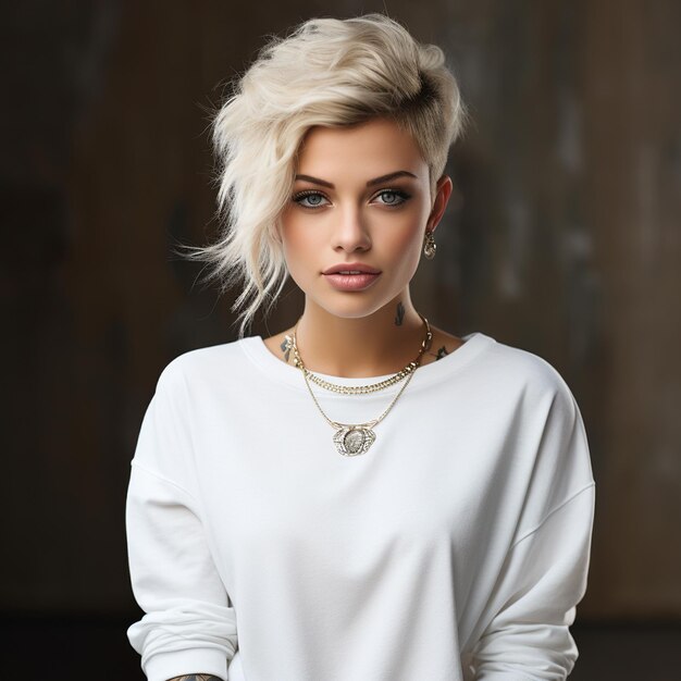 very pretty female model wearing a plain white crewneck sweatshirt