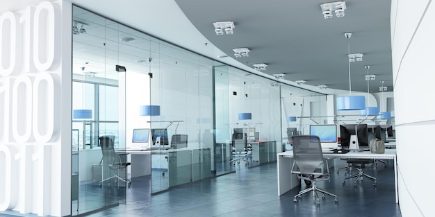 Very realistic 3D rendering of a modern corporate office in white, glass and blue