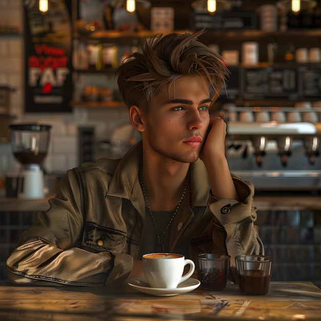 A very realistic image of a person thinking at a coffee shop