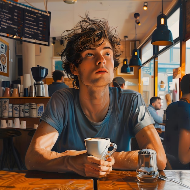 A very realistic image of a person thinking at a coffee shop