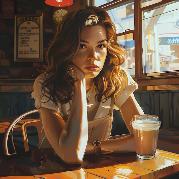 A very realistic image of a person thinking at a coffee shop