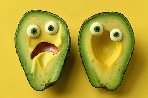 Photo a very simple flat lay photo of two avocado pieces with eyes and mouth the one on top is sad and sh