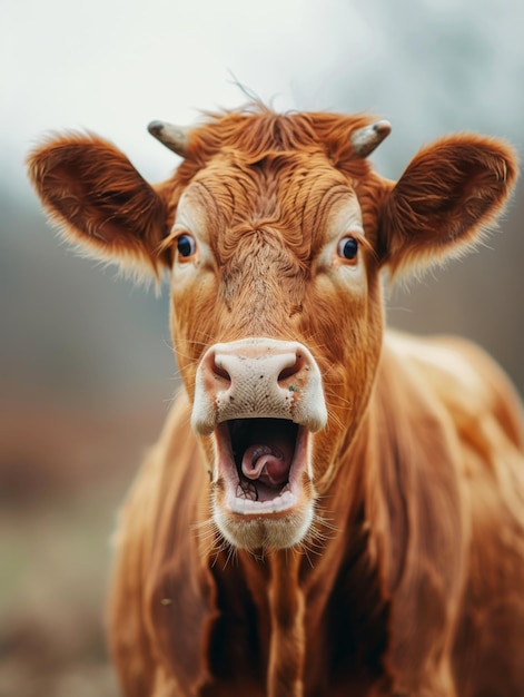 Very surprised cow with open mouth