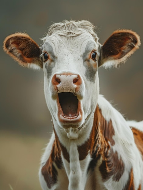 Photo very surprised cow with open mouth