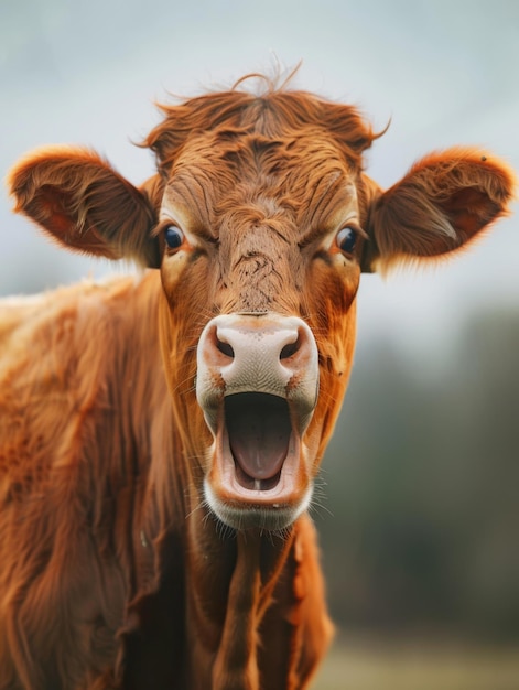 Very surprised cow with open mouth