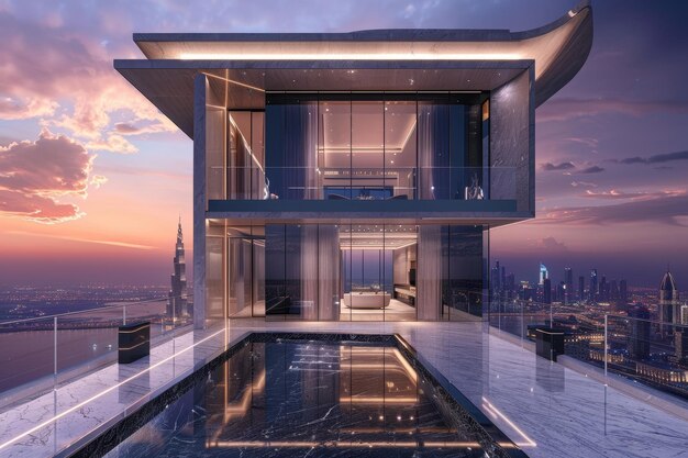 Photo a very tall building towering over a pool in front showcasing luxury and modern architecture a luxury penthouse with a private elevator and panoramic city views