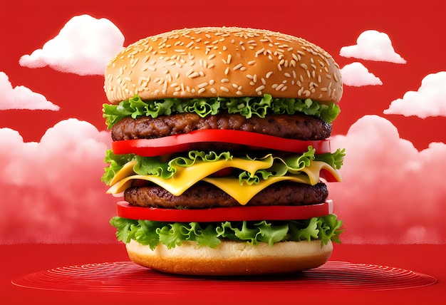 A very tall hamburger over a red background