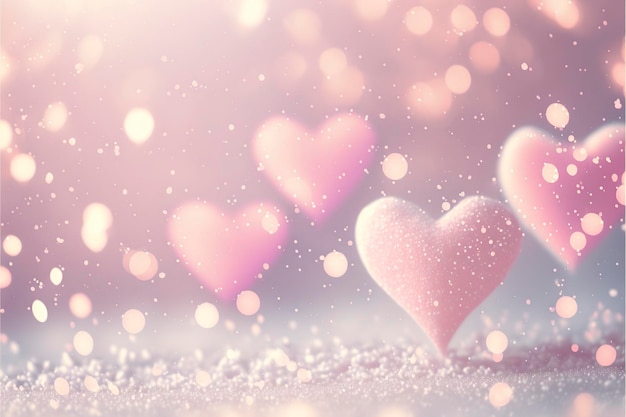 Very tiny Hearts bokeh lights, background with snow.