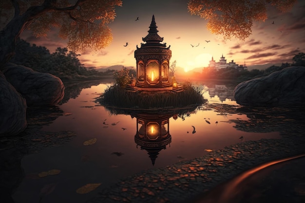 Vesak day sunset background Illustration AI Generative