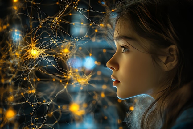 Photo vesicle basal synaptogenesis and fmri side profile of a child with glowing neural network symbolizi