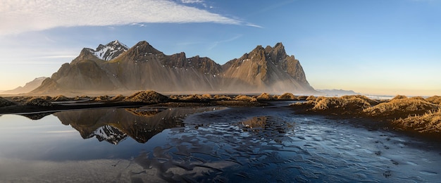 Vestrahorn mountain and its black sandy beach in South Iceland