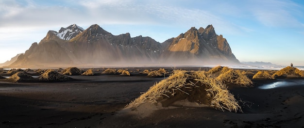 Vestrahorn mountain and its black sandy beach in South Iceland